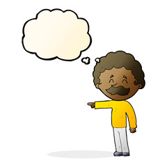 cartoon man with mustache pointing with thought bubble