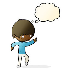 cartoon worried boy pointing with thought bubble