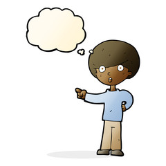 cartoon pointing boy with thought bubble