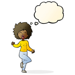 cartoon woman dancing with thought bubble