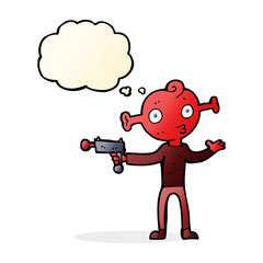 cartoon alien with ray gun with thought bubble