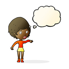 cartoon concerned woman reaching out with thought bubble