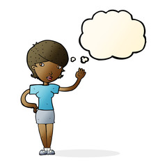 cartoon woman waving with thought bubble