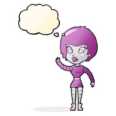 cartoon robot woman waving with thought bubble