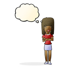 cartoon woman standing with thought bubble