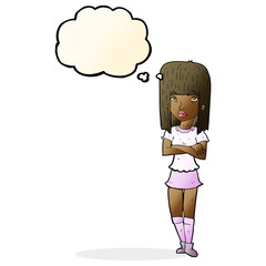cartoon girl with crossed arms with thought bubble