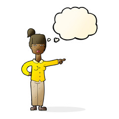 cartoon woman pointing with thought bubble