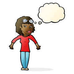 cartoon woman wearing goggles with thought bubble