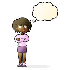 cartoon woman wit crossed arms with thought bubble