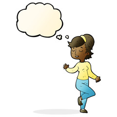cartoon dancing woman with thought bubble