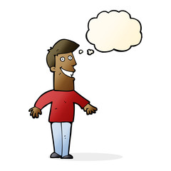 cartoon grinning man with thought bubble