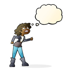 cartoon angry biker girl with thought bubble