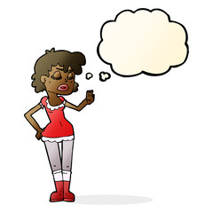 cartoon woman making dismissive gesture with thought bubble