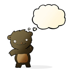 cartoon waving black bear cub with thought bubble