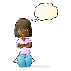 cartoon woman kneeling with thought bubble