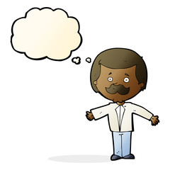 cartoon mustache man with open arms with thought bubble