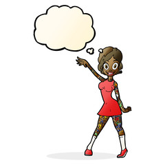 cartoon woman with tattoos with thought bubble