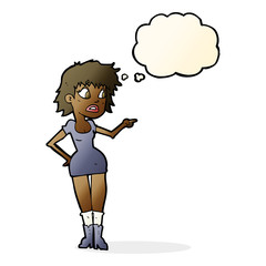 cartoon worried woman in dress pointing with thought bubble