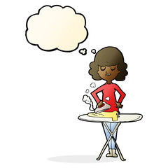 cartoon woman ironing with thought bubble