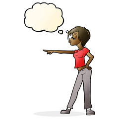 cartoon hip woman pointing with thought bubble