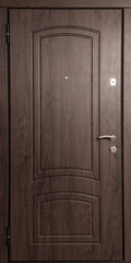 The iron door with a wooden pattern.