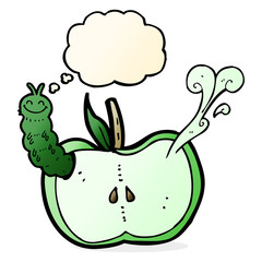 cartoon apple with bug with thought bubble