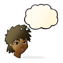 cartoon curious girl with thought bubble