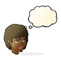 cartoon woman with plaster on face with thought bubble