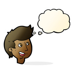 cartoon happy boy face with thought bubble