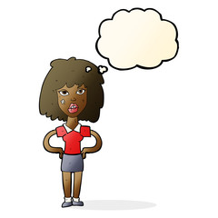 cartoon tough woman with thought bubble