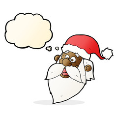 cartoon jolly santa claus face with thought bubble