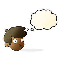 cartoon staring boy with thought bubble