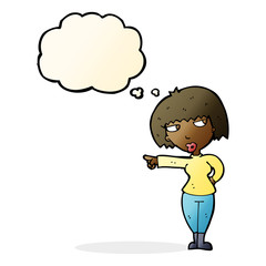 cartoon annoyed woman pointing with thought bubble