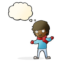 cartoon boy in winter clothes with thought bubble
