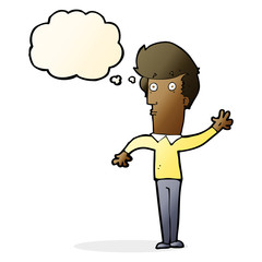 cartoon nervous man waving with thought bubble