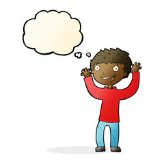 cartoon excited boy with thought bubble