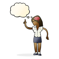 cartoon woman with clever idea with thought bubble