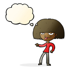 cartoon happy woman pointing with thought bubble