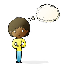 cartoon woman making Who Me? gesture with thought bubble