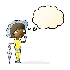 cartoon woman in summer hat waving with thought bubble