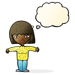 cartoon woman with open arms with thought bubble