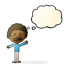 cartoon man with mustache waving with thought bubble