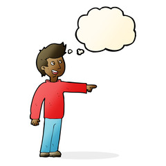 cartoon happy man pointing and laughing with thought bubble