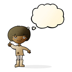 cartoon boy in poor clothing giving thumbs up symbol with though