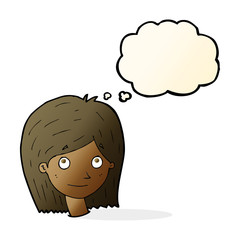 cartoon happy female face with thought bubble