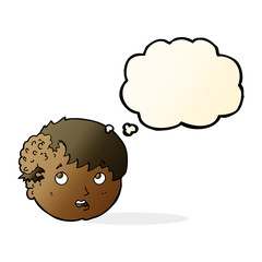 cartoon boy with ugly growth on head with thought bubble