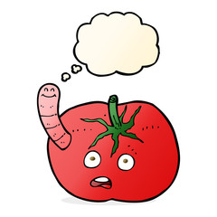 cartoon tomato with worm with thought bubble
