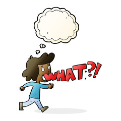 cartoon woman shouting what with thought bubble