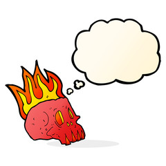 cartoon flaming skull with thought bubble