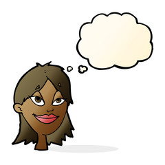 cartoon happy woman with thought bubble